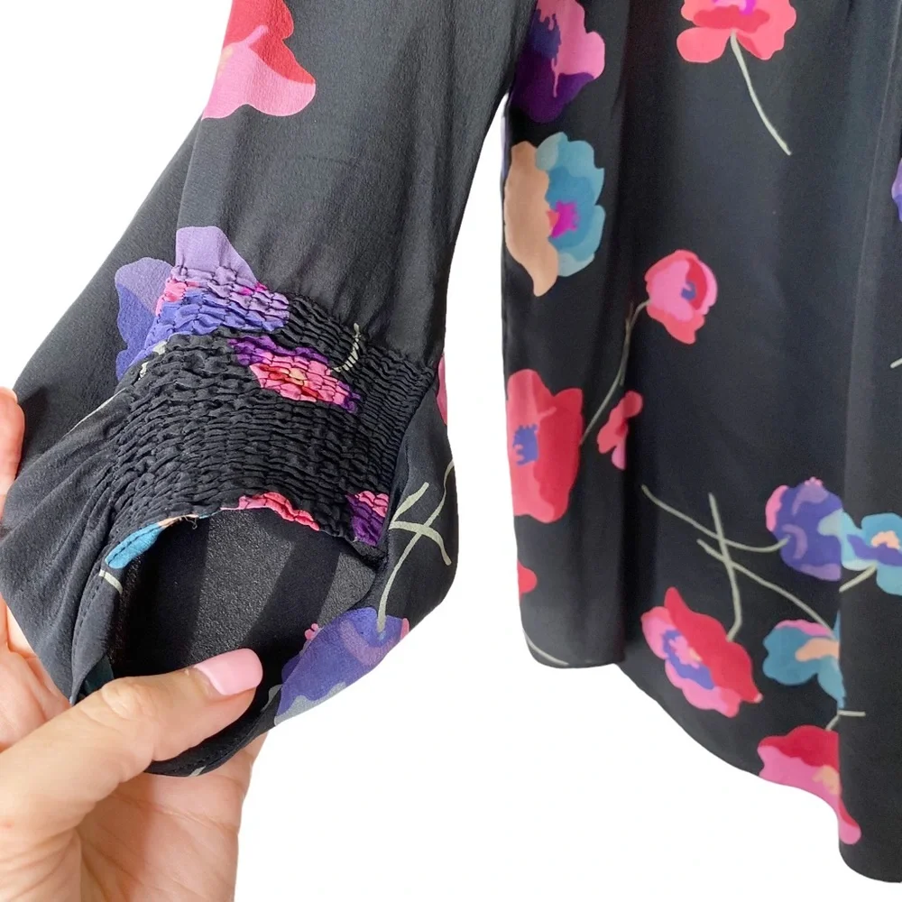 Rebecca Taylor Silk Black Floral Smocked Pleated Blouse Top 4 - Picture 7 of 8